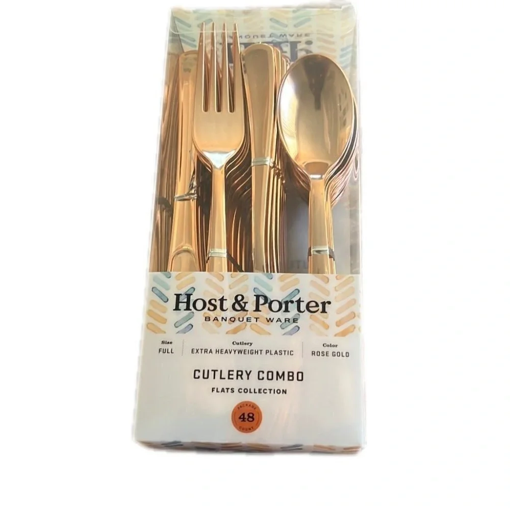 Host And Porter Rose Gold Plastic Flatware Cutlery Combo Set Full Size 48 Pieces